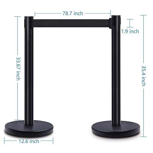 DuraSteel Black Crowd Control Barriers Stanchions with Retractable Belts - Metal Stanchion Posts w/ 6.5ft Black Retractable Barrier Belt Ropes - Queue VIP Safety Line Dividers - Set of 2 Stantions