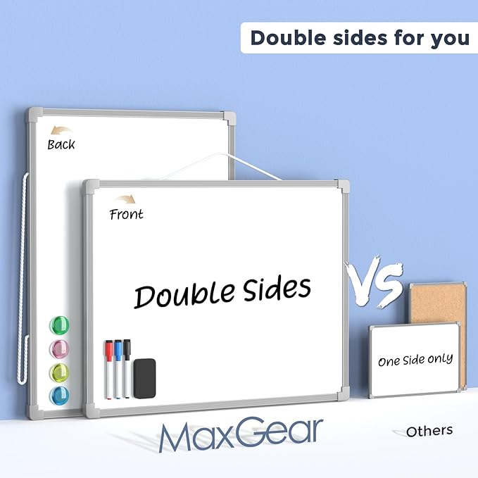 MaxGear Double-Sided Dry Erase Board for Wall, 16"x12" Hanging Whiteboard, Small Dry Erase White Board kit, Portable Whiteboard for Planning, Drawing, Memo, to Do List, Grey Frame