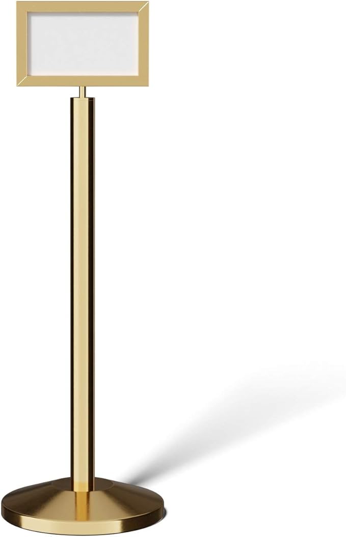 Crowd Control Warehouse Pedestal Standing Floor Sign Frame with Sloped Base, 7x11 Inch Horizontal, Polished Brass
