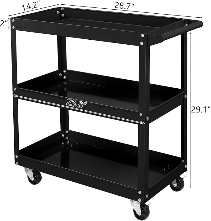 TUFFIOM 3 Tier Rolling Tool Cart, 330 Lbs Capacity, with Ergonomic Handle, Black