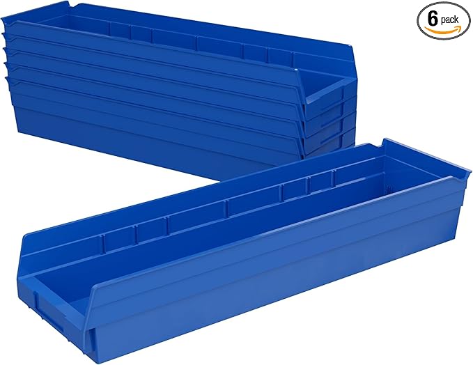 Akro-Mils 30164 Plastic Shelf Bins, Heavy Duty Storage Bins for Garage, Closet, and Drawer Organization, 24-Inch x 6-1/2-Inch x 4-Inch, Blue, 6-Pack