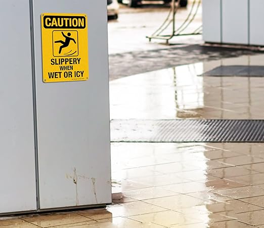 Slippery When Wet Or ICY Sign, Caution Sign, 2 Pack, 10" x 7" Rust Free .040 Aluminum, UV Protected, Waterproof, Weatherproof and Fade Resistant, 4 Pre-drilled Holes