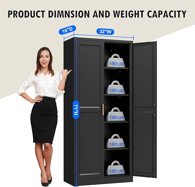 Pantry Cabinet, 71 Inch Tall Kitchen Storage Cabinet, Metal Pantry Cabinet with Doors and Adjustable Shelves, Black Food Cupboard, Freestanding Cabinet for Living&Dinning Room, Assembly Required