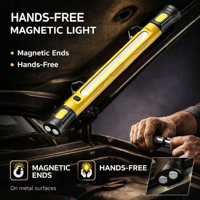 2026 Under Hood Work Light Bar, 3000 Lumen LED Magnetic Rechargeable Work Light with Hooks, 5200mAh Cordless Underhood Light for Mechanic, Car Repair, Garage, Emergency - Yellow
