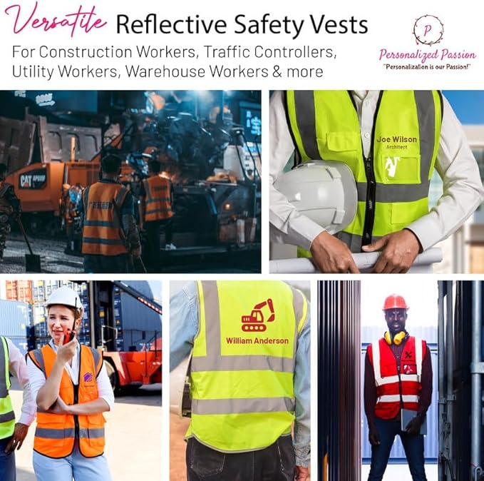 Personalized Safety Vest with Name & Logo - High Visibility Vest for Men & Women - 2” Wide Reflective Strips & 5 Pockets
