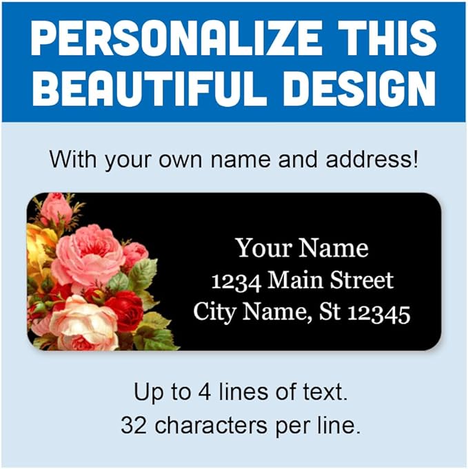 Personalized Return Address Labels - Vintage Roses Black - 60-1000 Custom Self-Adhesive Stickers