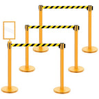 Therwen 6 Pack Heavy Duty Crowd Control Stanchions 9.8 ft Stainless Steel Stanchion Set with 6 Safety Barrier Post Retractable Belt and 1 Sign Holder Crowd Control Barrier(Stripe Belt,Yellow)