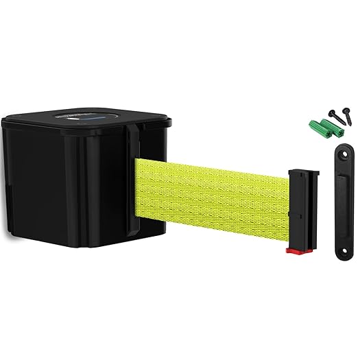 WM412 Retractable Belt Wall Mounted Smooth Black Crowd Control Barrier and Receiving End, 30' Fluorescent Yellow Belt