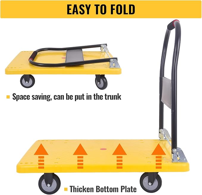 Hand Cart 660 lbs, Push Cart Dolly Yellow, Capacity Platform Truck Foldable Platform Upgraded Heavy Duty Moving Cart with PU Wheels for Home Garden Warehouse Garage Workshops