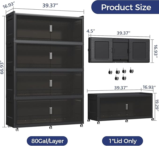 320Gal Extra Large Stackable Storage Bins with Lid, 1280Qt Collapsible Storage Box with Wheels, Closet Organizers and Storage Cabinet Container for Home, Kitchen, Office, Bedroom, 4Pack Black