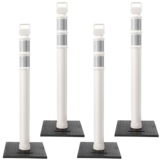 Kanayu 49 Inch Traffic Delineator Posts with 8.8 Lbs Rubber Base PE Delineator Post Portable Parking Pole Traffic Cone Barrier with Removable Base, Reflective Band(4 Packs,White)