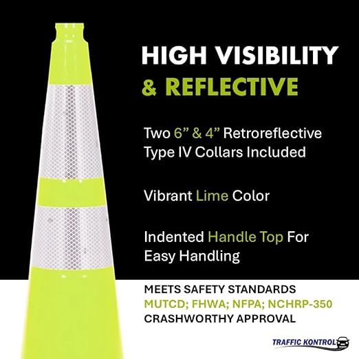 3 Pack 28" Inch Lime Traffic Safety Cones with Dual Reflective Collars - High Visibility Industrial Pylons Traffic Cones for Road, Parking Lots, Driving, Construction