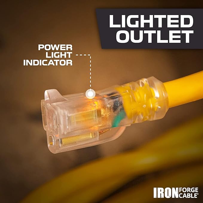 Iron Forge Cable Weatherproof 100 Ft Outdoor Extension Cord - 16/3 SJTW 10 Amp Heavy Duty Highly Visible Yellow Extension Cord 3 Prong - Lighted End