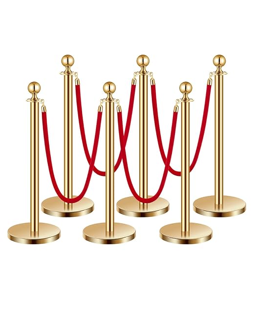 VEVOR Stanchions and Velvet Ropes 6Pcs, Hollow Base with Stainless Steel Post, 4 Red Velvet Ropes and Posts, Crowd Control Barriers Gold Stanchions, Red Carpet Runner Poles for Party Supplies