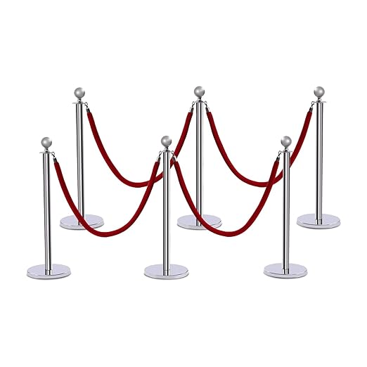 6 PCS Stanchions and Velvet Ropes Set, Hollow Base with Stainless Steel Post&4 Red Velvet Ropes, Crowd Control Barriers for Party Supplies, High-end Venues, Museums