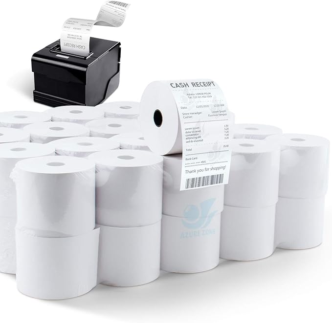 Azure Zone, Thermal Paper 2-1/4 X 230ft 100 Rolls, Fits Most POS Machines and Cash Registers, Great for Business Sales