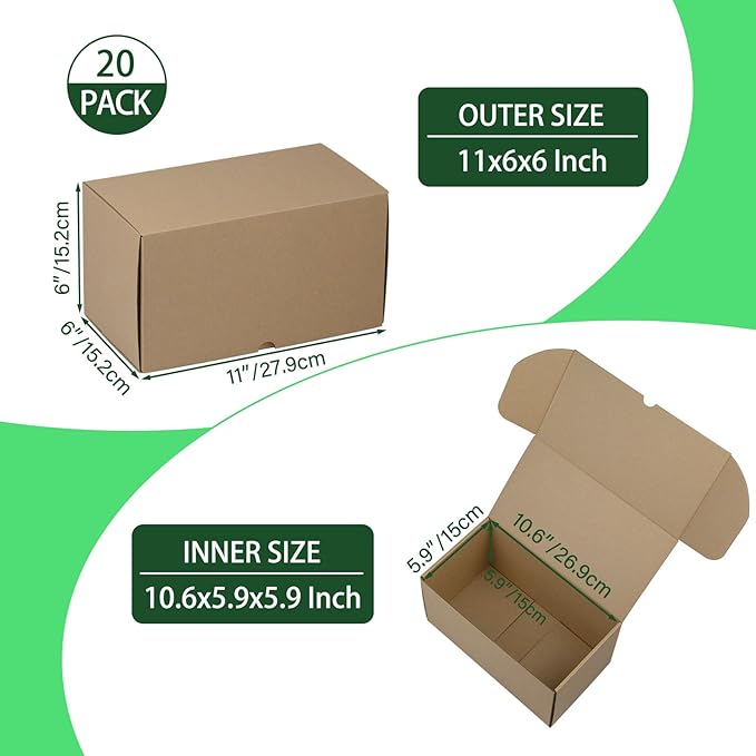 11x6x6 Inches Shipping Boxes Set of 20, Brown Corrugated Cardboard Box Literature Mailer for Packing Small Business