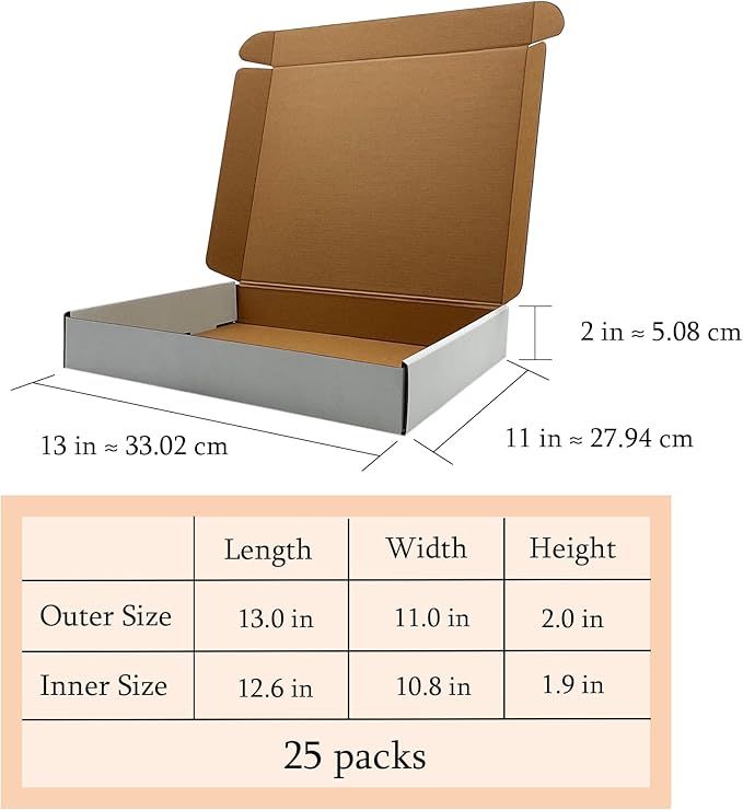 13x11x2 Inches Shipping Boxes Set of 25,White Corrugated Mailing Cardboard Box Literature Mailer for Packing Small Business Moving Storage, E-Commerce Packaging Mailing Boxes Gift Boxes for Presents
