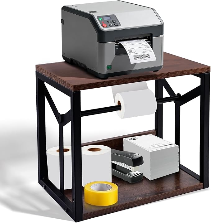 Label Holder for Rolls and Fan-Fold Labels,Thermal Printer Sticker Roll Holder for Desktop,Wood Shipping Label Dispenser with Metal Frame,Label Stand Supplies for Home Office Small Business