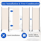 Room Divider 6FT Room Partition with Lockable Wheels, (Thicked Metal Base) Room Dividers, Freestanding Indoor Folding Privacy Screens, Portable Fabric Wall Divider for (Beige, 88"- 4 Panel)