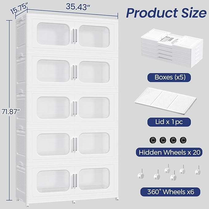 250Gal Exra Large Stackable Storage Bins with Lid, 1000QT Collapsible Storage Box with 6x Wheels, Folding Plastic Cabinet Container with Door Drawer for Home Kitchen Office Dorm, 5Pack White