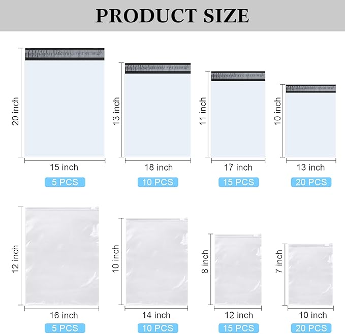 Outus 50 Pcs Mailers with 50 Pcs Poly Zipper Clothes Packaging Bags 4 Sizes Self Adhesive Shipping Mailers Frosted Zipper Plastic Bags for Clothing Small Business Flexible Mailing