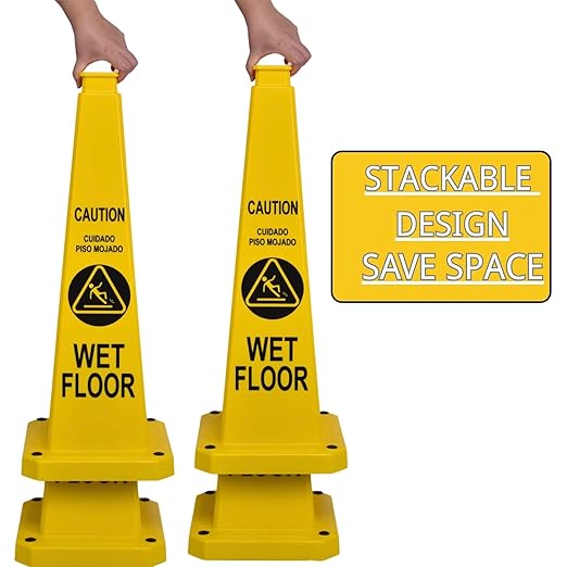 BESEA Caution Wet Floor Sign 3 Pack, 28" Heavy Duty Safety Cone with Weighted Base, Yellow 4-Sided Bilingual Warning Sign, Non-Slip Floor Safety Cone for Restaurants, Stores, Schools, Hotels