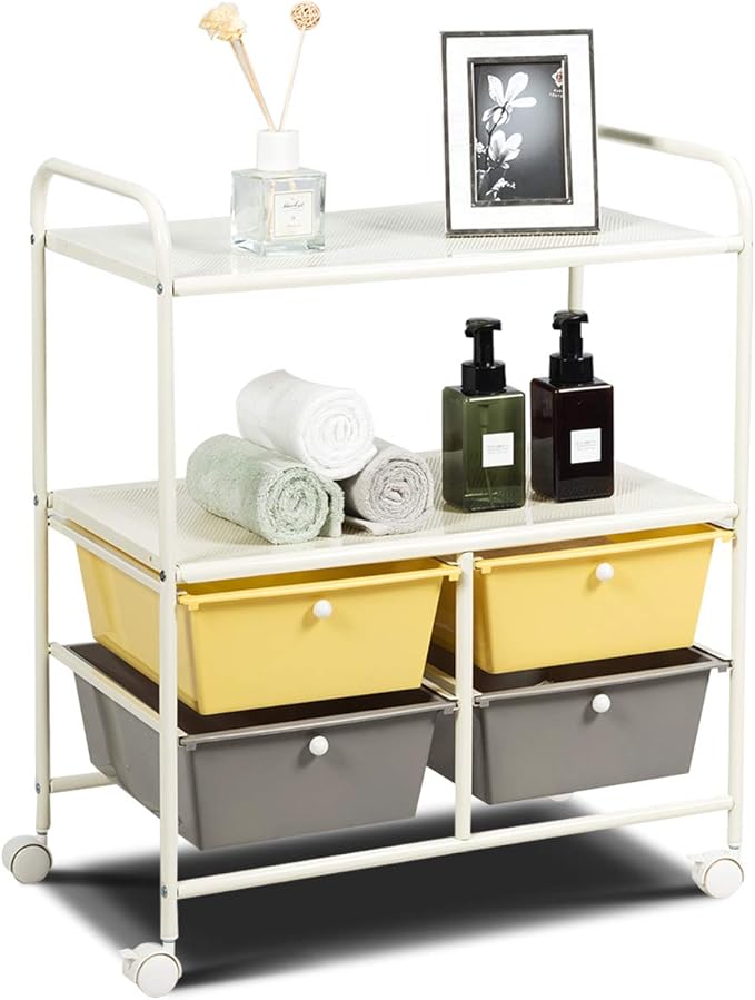 Giantex Rolling Storage Cart w/ 4 Drawers 2 Shelves Metal Rack Shelf Home Office School Beauty Salon Utility Organizer Cart with Wheels (Yellow)