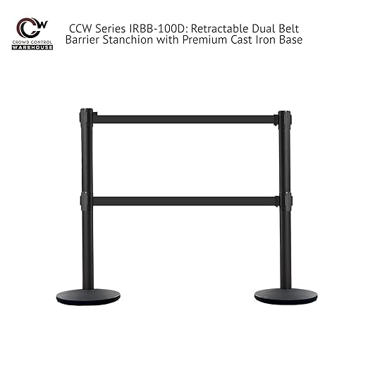 Crowd Control Warehouse CCW Set of 2 Dual Retractable Belt Barrier Stanchion, Cast Iron Base Black Post, IRBB-100D (7.5 Belt, Purple Belt)