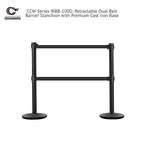 Crowd Control Warehouse CCW Set of 2 Dual Retractable Belt Barrier Stanchion, Cast Iron Base Black Post, IRBB-100D (9 Belt, Black with White Horizontal Stripe Belt)