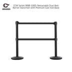 Crowd Control Warehouse CCW Set of 2 Dual Retractable Belt Barrier Stanchion, Cast Iron Base Black Post, IRBB-100D (9 Belt, Yellow with"Danger - Keep Out" Black Letters Belt)