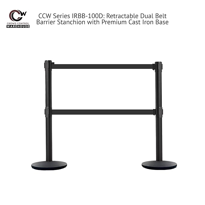Crowd Control Warehouse CCW Set of 2 Dual Retractable Belt Barrier Stanchion, Cast Iron Base Black Post, IRBB-100D (9 Belt, Yellow with"Danger - Keep Out" Black Letters Belt)