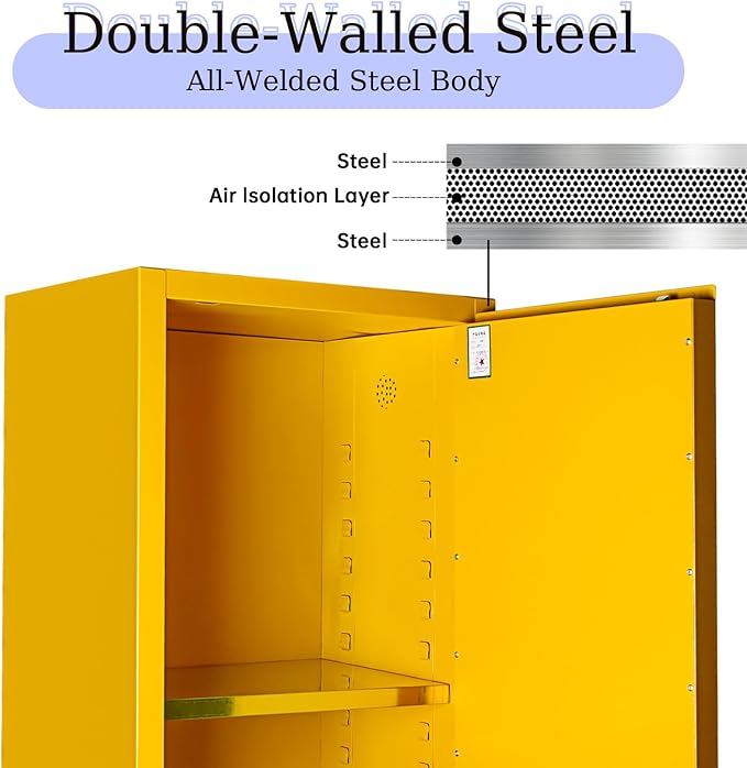 48 Gallon Yellow Flammable Storage Cabinet, Fireproof Steel Chemical Storage Locker with Adjustable Shelves, for Flammable Liquids, Industrial Use, Free Returns!