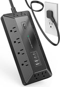 Surge Protector Power Strip with USB Ports, 12 Outlets 2 USB-C 2 USB-A, 6 Ft Flat Plug Extension Cord, Multi Plug Outlet as Charging Station for Desk, Office, Home,Dorm, UL Certification (Black)