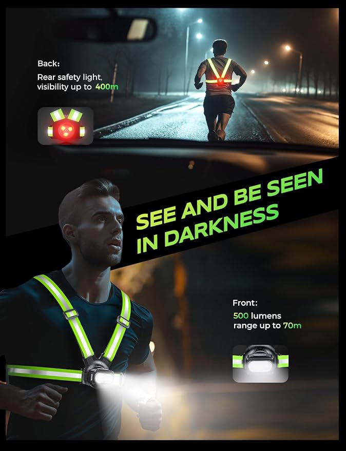500LM High-Vis Running Lights for Runners with Rear Light, Adjustable 45° Beam & 360° Reflective Vest, IPX4 Waterproof Running Vest Light for Night Walking/Cycling/Jogging, 3.5-20Hrs Runtime