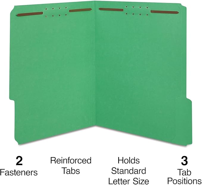 Staples Colored Reinforced Tab Fastener Folders Letter Size Green 50/Box