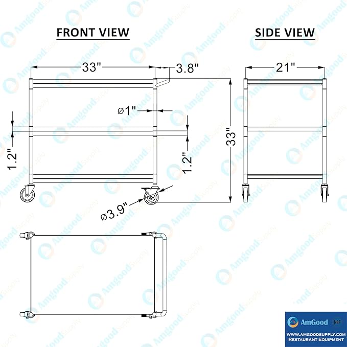 3 Shelf Stainless Steel Tubular Utility Cart | 21 in. Wide X 33 in. Long X 33 in High | Metal Utility Cart on Wheels with Handle | NSF