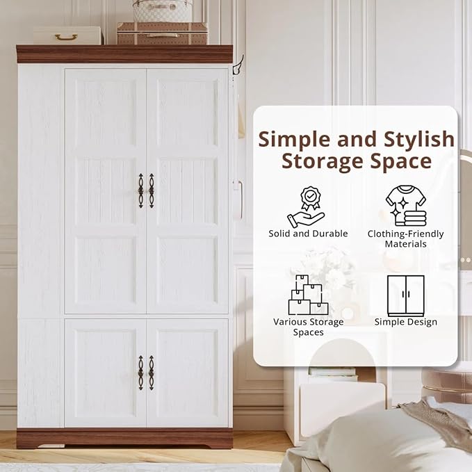 IRONCK Armoire Wardrobe Closet with Side Half Mirror, 70" Freestanding 4-Door Storage Cabinet for Bedroom, Features Side Hooks, Open Compartments, Hanging Rod & Shelves, White Armoire