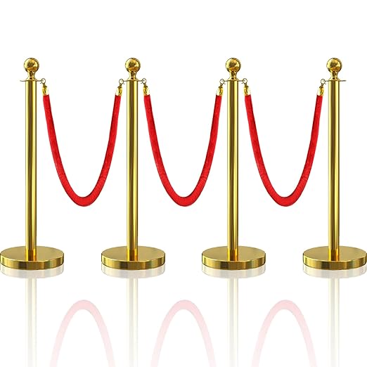 4Pcs Gold Stanchion Post Queue Velvet Ropes and Posts with Soild Base and 3pcs 5 Ft Red Velvet Ropes Carpet Ropes Posts Stanchion Set Crowd Control Barriers for Party Supplies