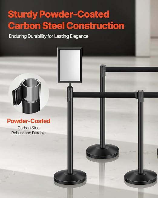VEVOR Stanchion Post, 8 Pcs Stanchions with Retractable Belts, Carbon Steel Black Stanchions Queue with Sand Injection Hollow Base, Crowd Control Barriers for Theaters, Parties, Weddings, Exhibitions