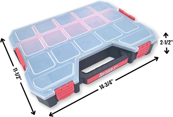 Taytools 17 Compartment Small Parts Organizer Box - Dual Latch Portable Tool Box with Removeable Dividers for Storing Hardware, Screws, Bolts, Nails, Beads or Jewely (Pack of 4)
