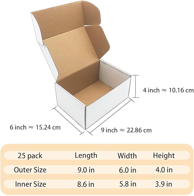 9x6x4 inch Shipping Boxes Set of 25，White Corrugated Cardboard Box for Mailing Literature Mailer Small Business Packing Gifts Shipping Packaging Craft Gifts Digest Size Book Giving Products