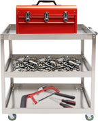 3-Tier Stainless Steel Utility Cart, 440lb Load-Bearing Heavy Duty Service Cart with 4 Locking Wheels, for Kitchen, Garage, Commercial Use