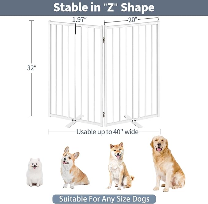 Metal Freestanding Dog Gates with Door for Outdoor Indoor,40'' Extra Wide 32'' Tall Free Standing Dog Gate for Doorways,Large Openings,Deck,Yard,Porch,Foldable Safety Pet Fence(White,2 Panels)