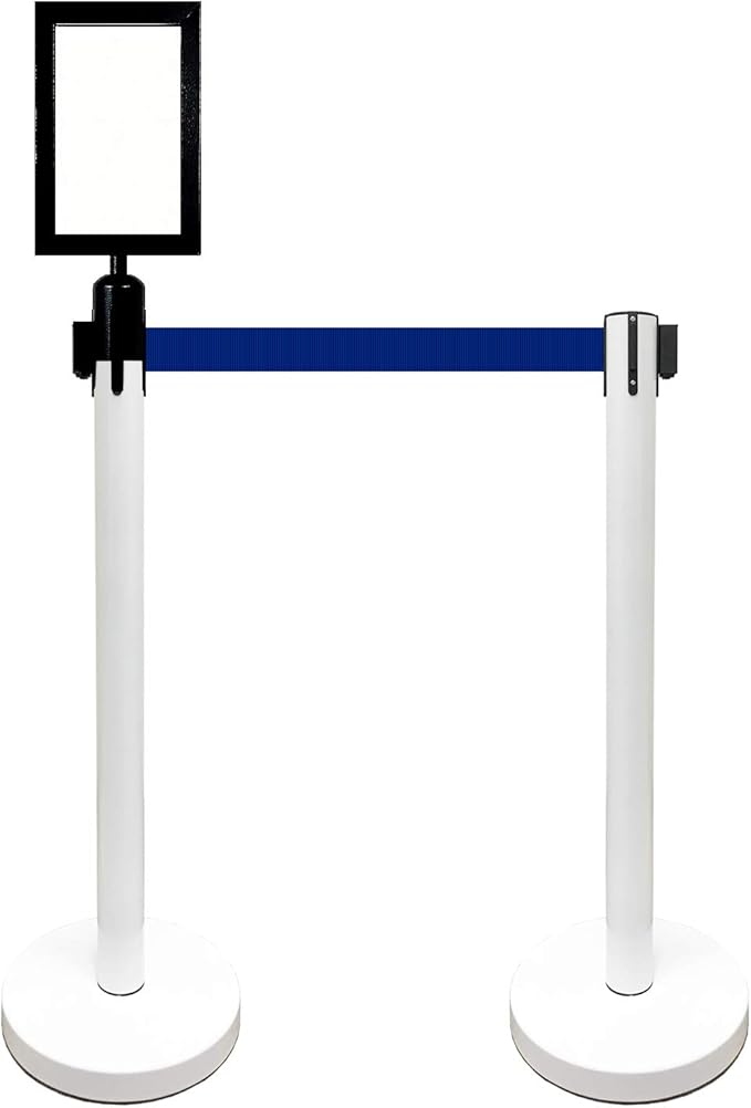 Retractable Stanchion, 6 SPECIALTY Posts + Signframe, 36" Ht, 78" Special Event & Holiday Theme Belt + Bonus Replacement Cassettes + Wall Receiver (WHT Post/Blue Belt)