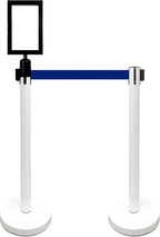 Retractable Stanchion, 6 SPECIALTY Posts + Signframe, 36" Ht, 78" Special Event & Holiday Theme Belt + Bonus Replacement Cassettes + Wall Receiver (WHT Post/Blue Belt)