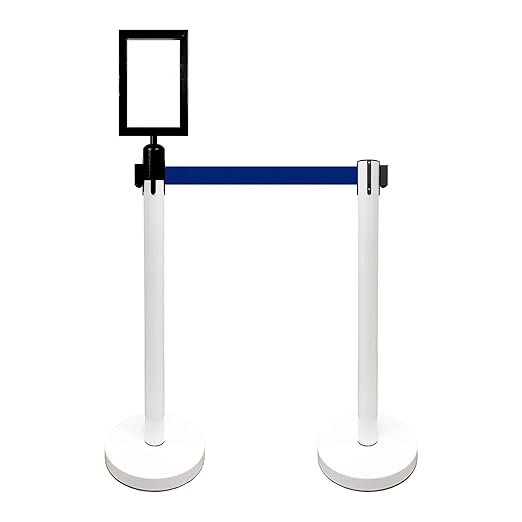 VIP Crowd Control Retractable Belt Stanchion Queue Safety Barrier Set, 36" Ht, 78" Belt + Wall Bracket (6 WHT Posts Blue Belt + SFrame + WBracket)