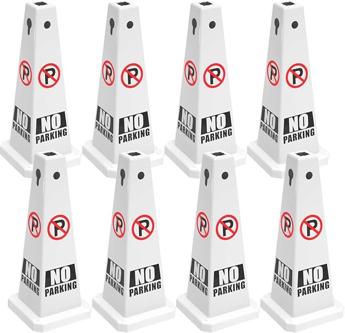 No Parking Sign, 26.4-Inch Traffic Safety Cone, White Plastic, High-Visibility, Weatherproof, Slip-Resistant Base, Stackable, Indoor Outdoor Use-8Pack