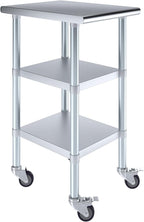 AmGood Stainless Steel Work Table with 2 Shelves and Casters | Metal Utility Table On Wheels (Stainless Steel Work Table with 2 Shelves + Casters, 18" Long x 24" Deep)