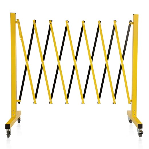 GCCSJ Industrial Expandable Metal Barricade with Wheels, 11.5 Feet Long Folding Security Gate, Retractable Metal Barrier for Construction Site Elevator Traffic Control Garage, Yellow and Black